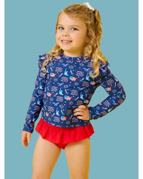 America250® Flutter Long Sleeve Rash Guard Skirted 2-Piece Swimsuit