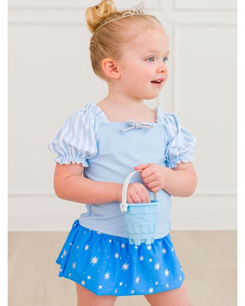 Crystal Blue Princess Puffed Sleeve Skirted 2-Piece Swimsuit