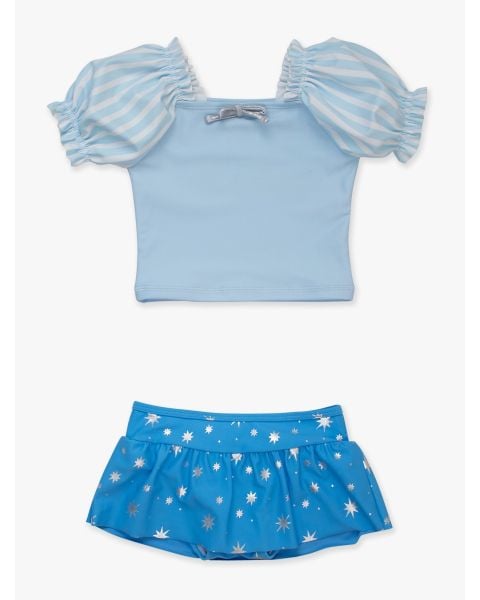 Crystal Blue Princess Puffed Sleeve Skirted 2-Piece Swimsuit