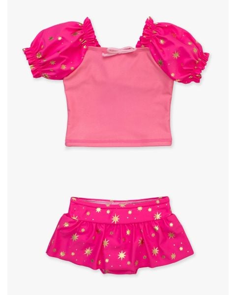 Royal Pink Princess Puffed Sleeve Skirted 2-Piece Swimsuit