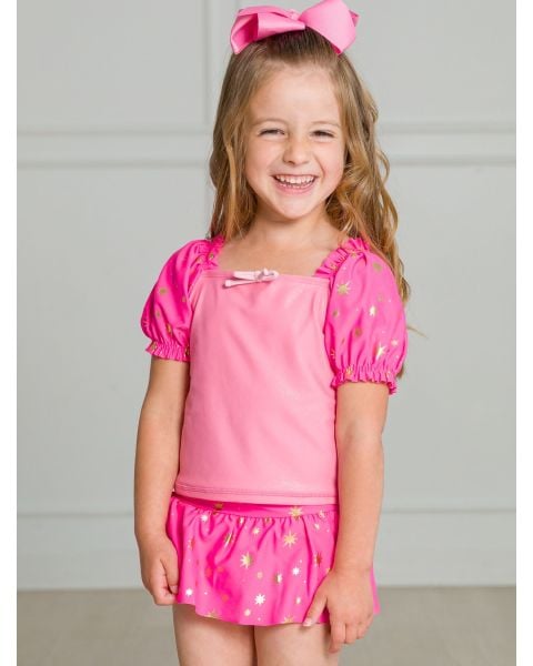 Royal Pink Princess Puffed Sleeve Skirted 2-Piece Swimsuit