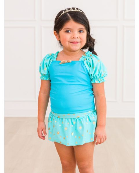 Teal Golden Princess Puffed Sleeve Skirted 2-Piece Swimsuit