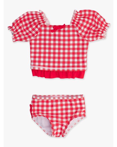 Vintage Red Gingham Puff Sleeve Ruffle Tankini 2-Piece Swimsuit