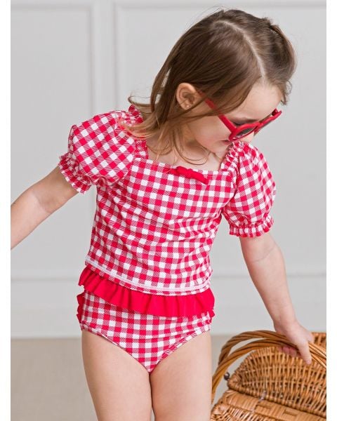 Vintage Red Gingham Puff Sleeve Ruffle Tankini 2-Piece Swimsuit
