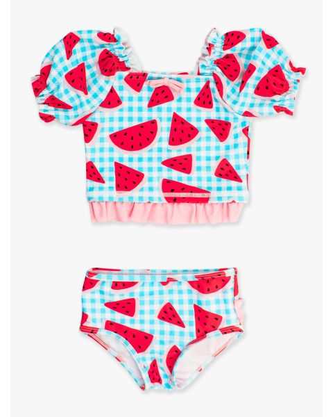 Watermelon Gingham Puff Sleeve Ruffle Tankini 2-Piece Swimsuit