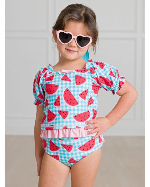 Watermelon Gingham Puff Sleeve Ruffle Tankini 2-Piece Swimsuit