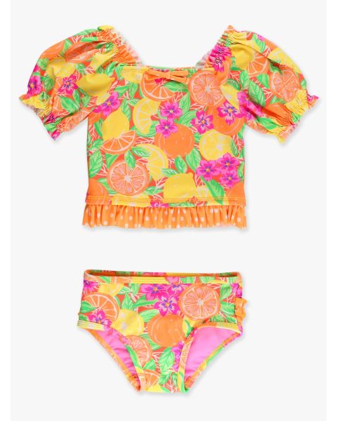 Neon Squeeze the Day Puff Sleeve Ruffle Tankini 2-Piece Swimsuit