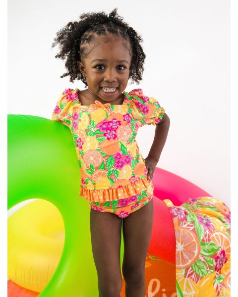 Neon Squeeze the Day Puff Sleeve Ruffle Tankini 2-Piece Swimsuit