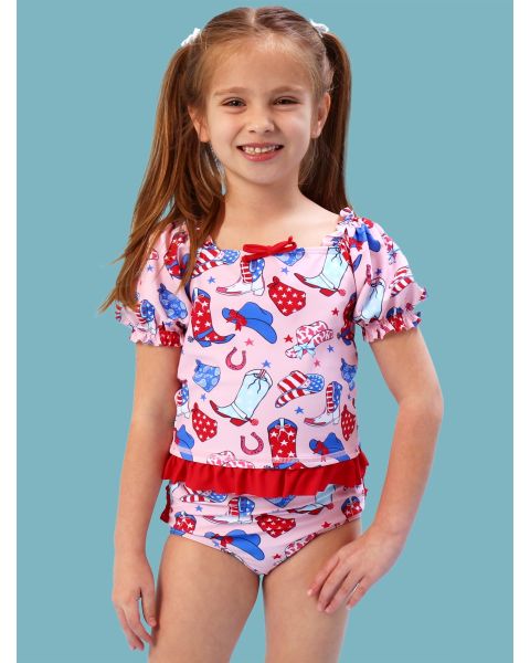 Pink Stars & Spurs Puff Sleeve Ruffle Tankini 2-Piece Swimsuit