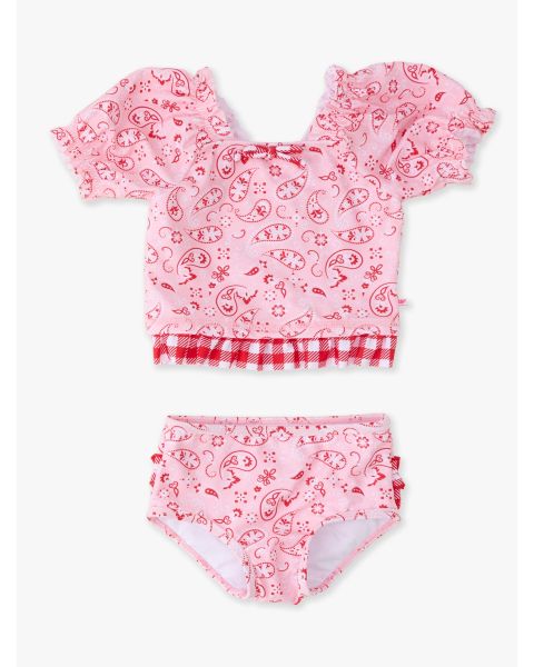 Pink Bandana Puff Sleeve Ruffle Tankini 2-Piece Swimsuit