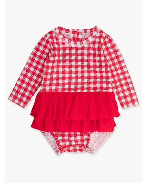 Vintage Red Gingham Long Sleeve Skirted One Piece Rash Guard Swimsuit
