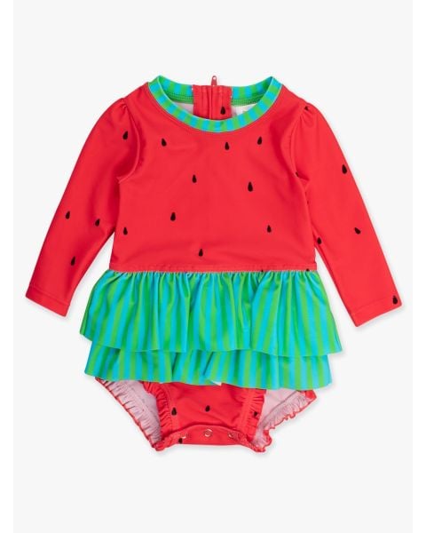 Watermelon Long Sleeve Skirted One Piece Rash Guard Swimsuit