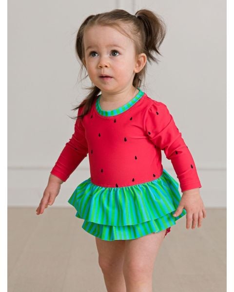 Watermelon Long Sleeve Skirted One Piece Rash Guard Swimsuit