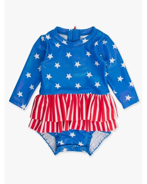 Shimmer Stars & Stripes Long Sleeve Skirted One Piece Rash Guard Swimsuit