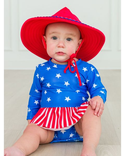 Shimmer Stars & Stripes Long Sleeve Skirted One Piece Rash Guard Swimsuit