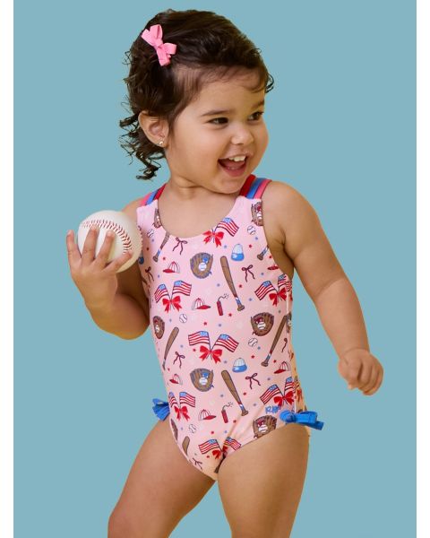 Pink Stars & Strikes Cross-Back One Piece Swimsuit