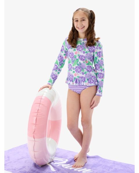 Purple Hydrangea Garden Long Sleeve Rash Guard 2-Piece Swimsuit