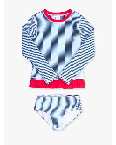 Blue Seersucker Girls Seersucker Long Sleeve Rash Guard Bikini Swimsuit