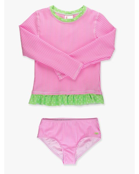 Neon Pink Seersucker Seersucker Long Sleeve Rash Guard 2-Piece Swimsuit