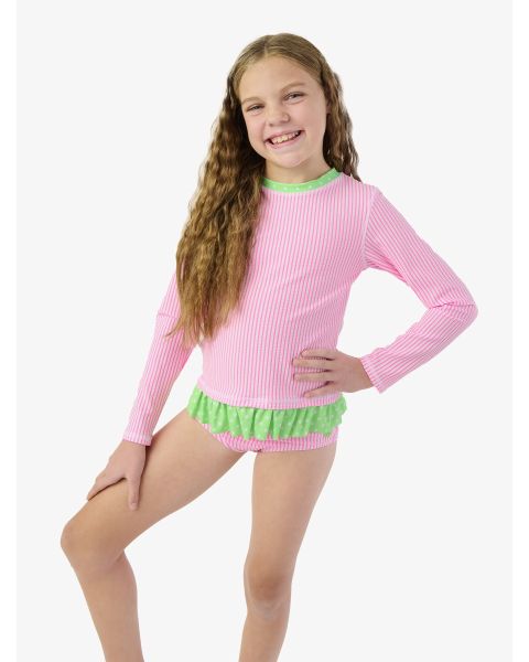 Neon Pink Seersucker Seersucker Long Sleeve Rash Guard 2-Piece Swimsuit