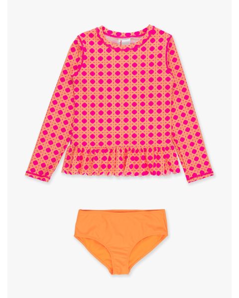 Neon Sherbet Cane Scallop Hem Long Sleeve Rash Guard 2-Piece Swimsuit