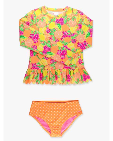 Neon Squeeze the Day Scallop Hem Long Sleeve Rash Guard 2-Piece Swimsuit