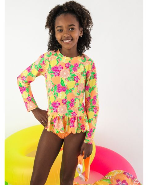 Neon Squeeze the Day Scallop Hem Long Sleeve Rash Guard 2-Piece Swimsuit
