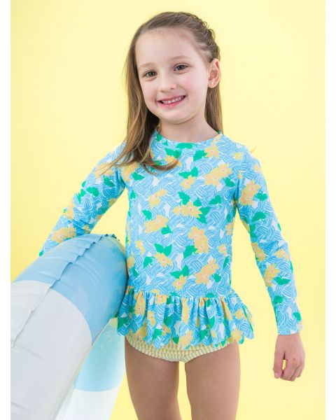 Blooming Basket Scallop Hem Long Sleeve Rash Guard 2-Piece Swimsuit