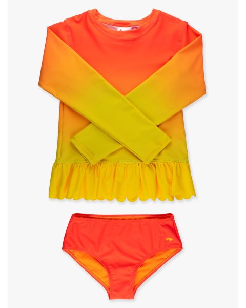 Neon Citrus Sunrise Scallop Hem Long Sleeve Rash Guard 2-Piece Swimsuit
