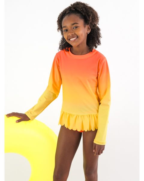 Neon Citrus Sunrise Scallop Hem Long Sleeve Rash Guard 2-Piece Swimsuit