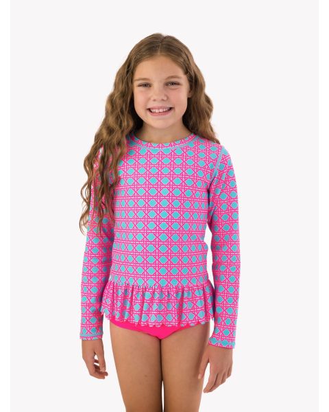 Neon Sorbet Cane Scallop Hem Long Sleeve Rash Guard 2-Piece Swimsuit