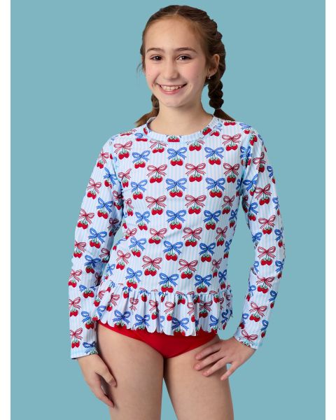 Berries & Bows Scallop Hem Long Sleeve Rash Guard 2-Piece Swimsuit