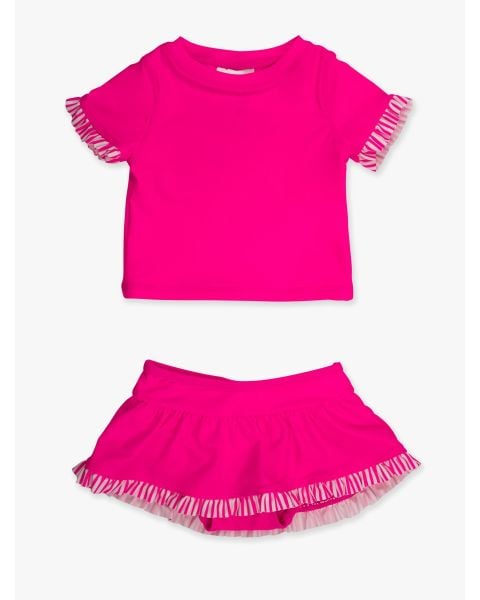 Neon Magenta Short Sleeve Ruffle Rash Guard Skirted 2-Piece