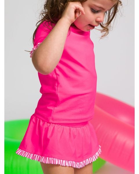 Neon Magenta Short Sleeve Ruffle Rash Guard Skirted 2-Piece