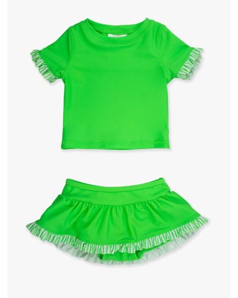 Neon Lime Short Sleeve Ruffle Rash Guard Skirted 2-Piece
