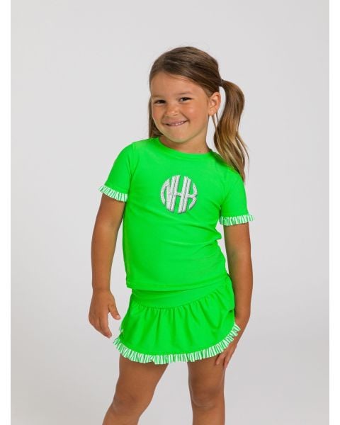 Neon Lime Short Sleeve Ruffle Rash Guard Skirted 2-Piece