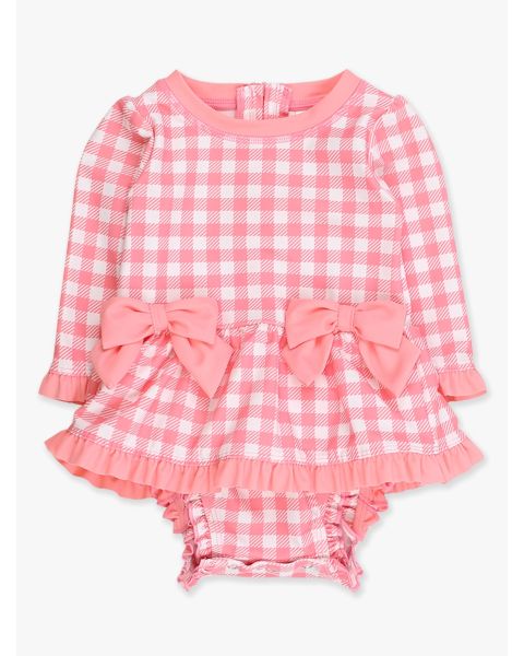 Bubblegum Pink Gingham Long Sleeve One Piece Bow Peplum Rash Guard Swimsuit, with Signature Rear Ruffles