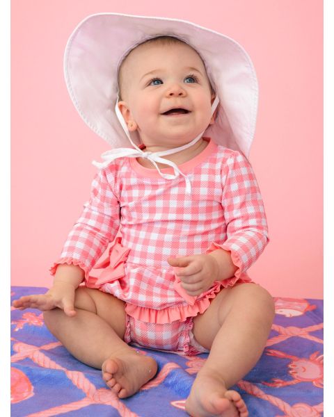 Bubblegum Pink Gingham Long Sleeve One Piece Bow Peplum Rash Guard Swimsuit, with Signature Rear Ruffles