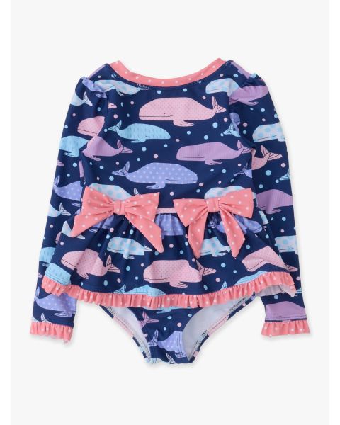 Whale Harbor Long Sleeve One Piece Bow Peplum Rash Guard Swimsuit
