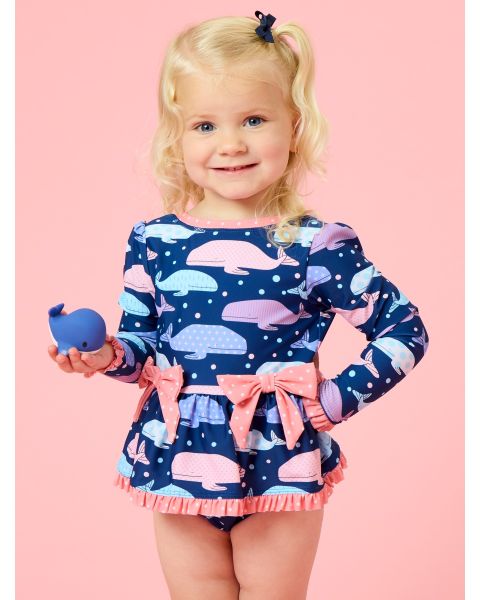 Whale Harbor Long Sleeve One Piece Bow Peplum Rash Guard Swimsuit