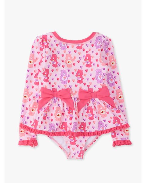 Pink Heart Care Bears Long Sleeve One Piece Bow Peplum Rash Guard Swimsuit