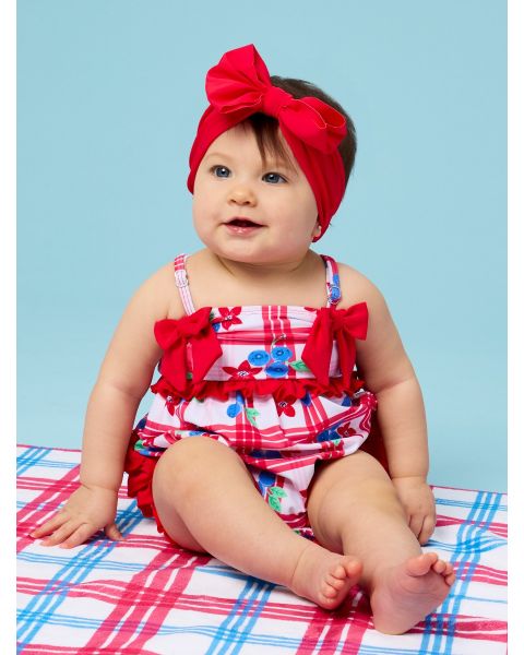 Red, White, & Blueberry One Piece Bow Bubble Romper Swimsuit, with Signature Rear Ruffles
