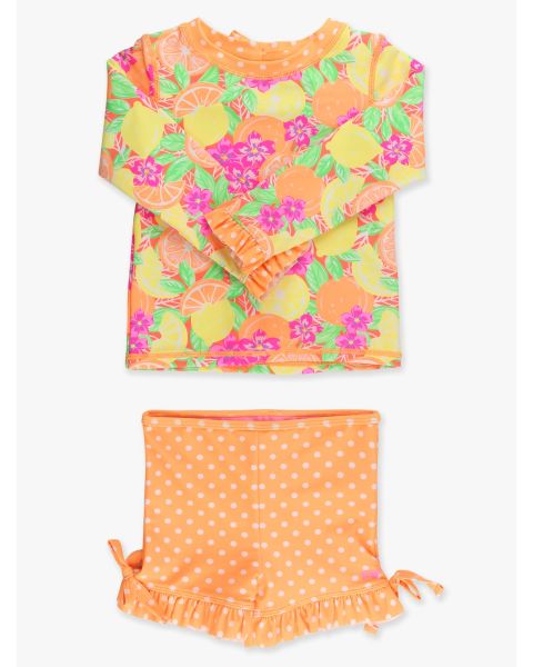 Neon Squeeze the Day Long Sleeve Rash Guard Ruffle Shorts 2-Piece Swimsuit