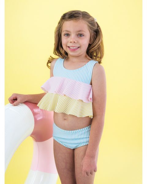 Seersucker Color Block Flounce Bikini 2-Piece Swimsuit, with Signature Rear Ruffles