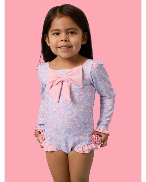 Lavender Floral Princess Big Bow Ruffle Long Sleeve Rash Guard One Piece Swimsuit