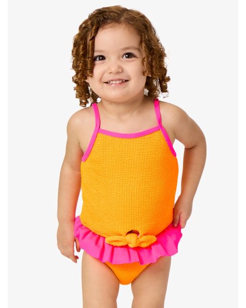 Neon Orange Crinkle Tie Front Skirted 2-Piece Swimsuit
