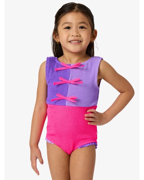 Neon Purple Color Block Crinkle Color Block Bow One Piece Swimsuit