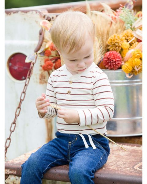 Heather Oatmeal & Chocolate Stripe Knit Long Sleeve 2-Button Henley Bodysuit