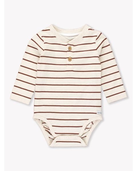 Heather Oatmeal & Chocolate Stripe Knit Long Sleeve 2-Button Henley Bodysuit