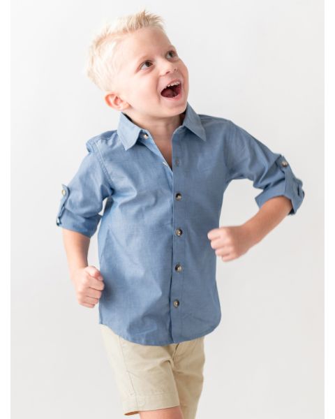 Blue Chambray Long Sleeve Button Down Shirt - 5